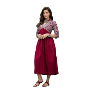 Viscose Rayon Maroon & Grey Printed A-Line Dress